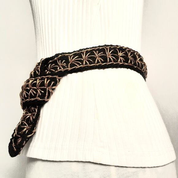 Handcrafted Black Boho Lux Crochet Belt With Gold Tone Starburst Embroidery - Picture 2 of 10